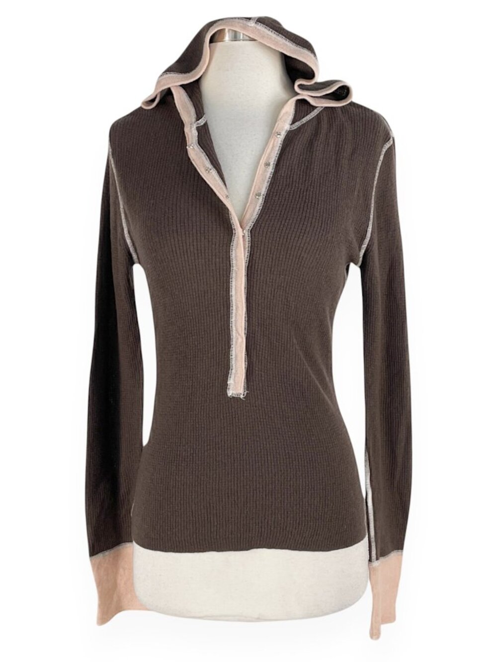 Fitigues 100% Cashmere Waffle Knit Brown Nude Peach Contrast Hoodie Sweater XS